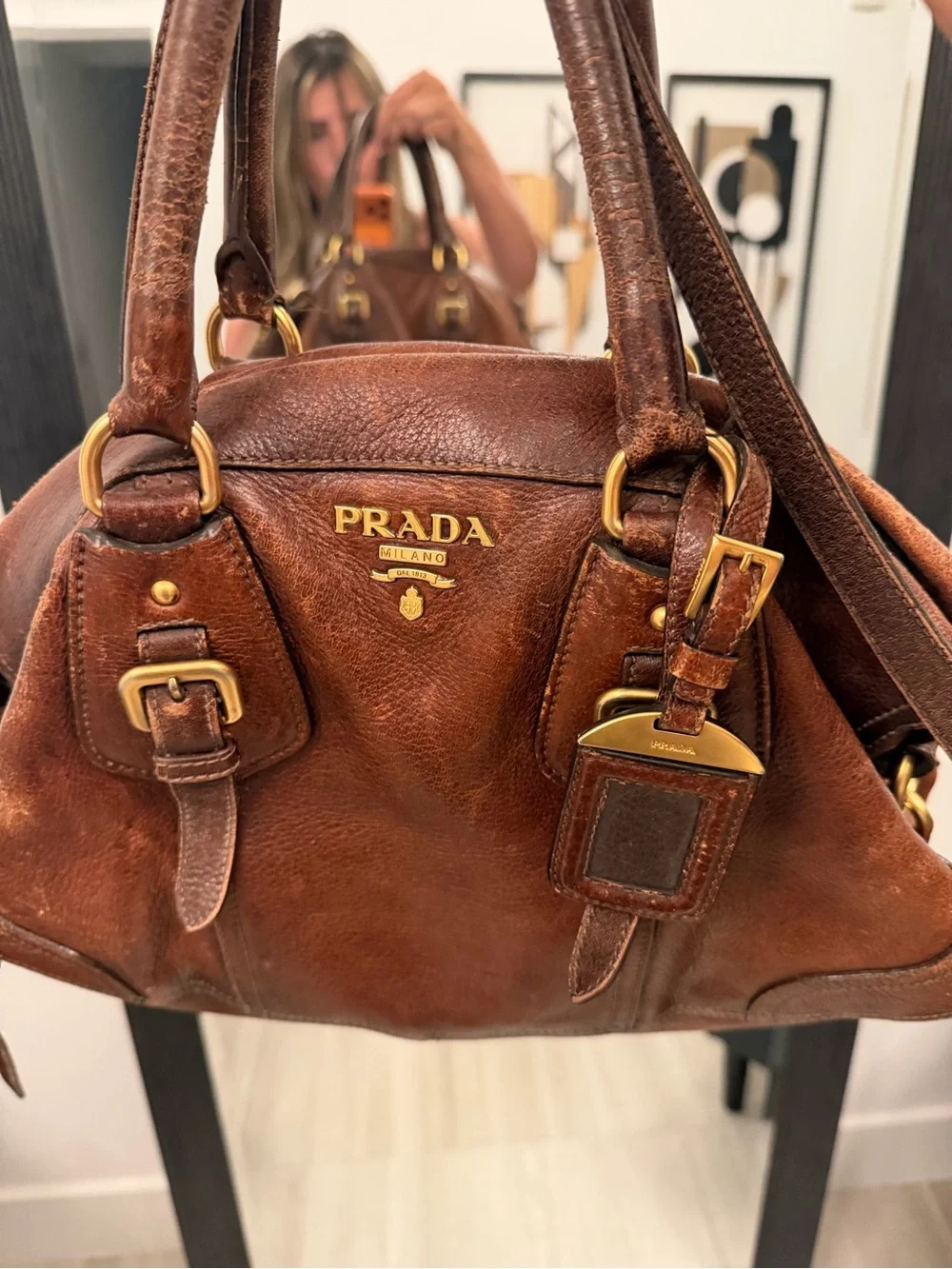 Prada Cognac Leather Satchel with Gold Hardware
